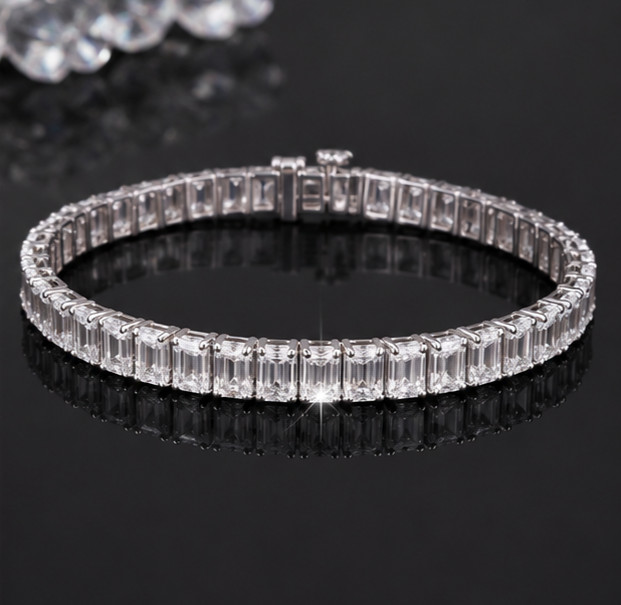 7ct Emerald Cut Simulated Diamond Sparkling Tennis Bracelet 14KWhite Gold Plated