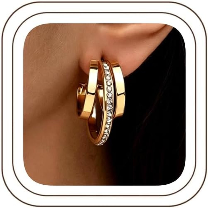 14K Gold Plated Triple Row Cubic Zirconia Double Hoop Earrings for Women, Chunky