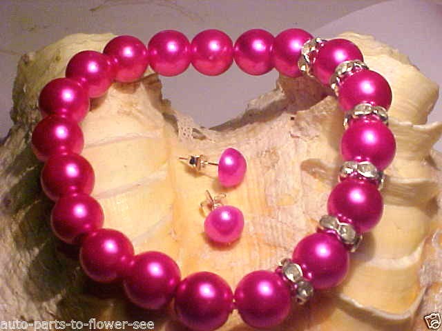 Y-84 ROSE PINK 10MM BEADS with RHINESTONE SPACER BEAD STRETCH BRACELET & EARRING