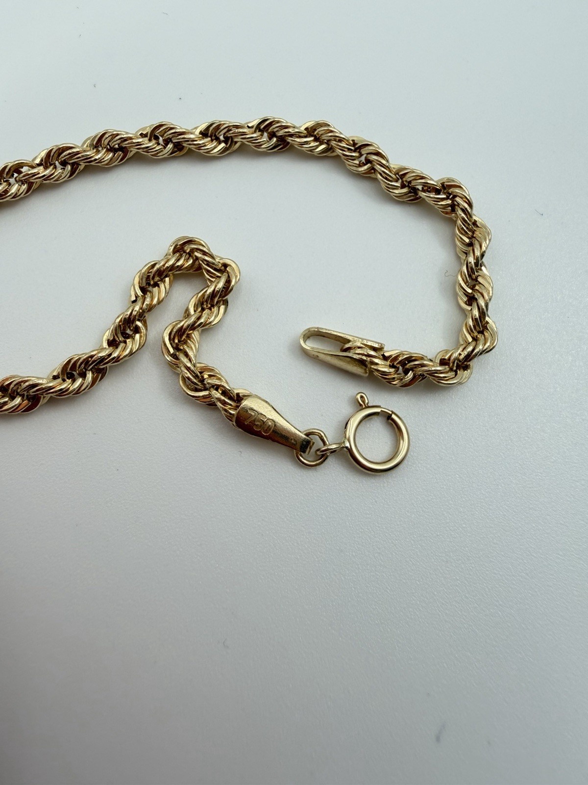 18k Solid Gold Rope Chain Bracelet 7.5 in Spring Ring Clasp 3.4mm