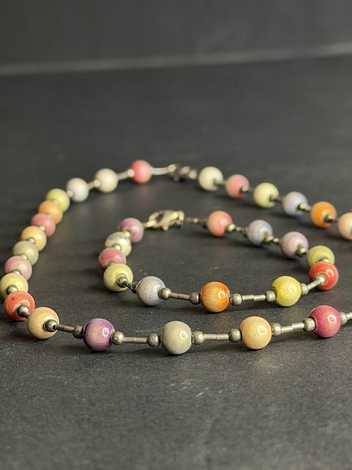 Sterling Silver 925 Multicolor Ceramic Enamel Bead Necklace Bracelet Set 18” 8”