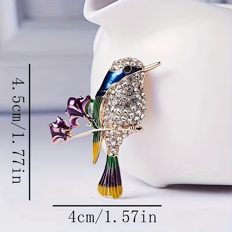 Rhinestone Enamel Magpie Bird Brooch with Flower Branch Lapel Pin