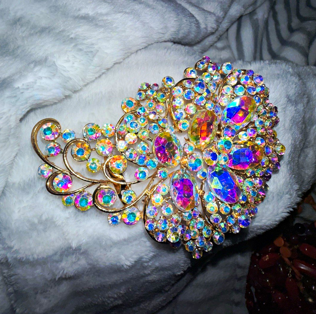 Gold Tone Multicolor Rhinestone Crystal Peacock Costume Brooch Pin