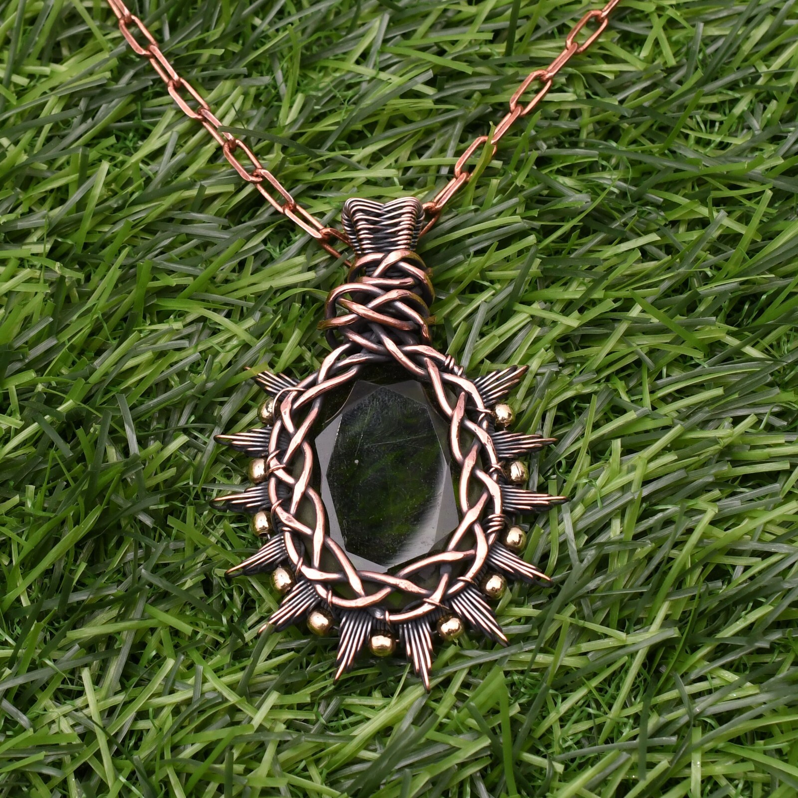 Green Peridot Gemstone Copper Wire Wrap Handmade Jewelry Pendant 2.28″