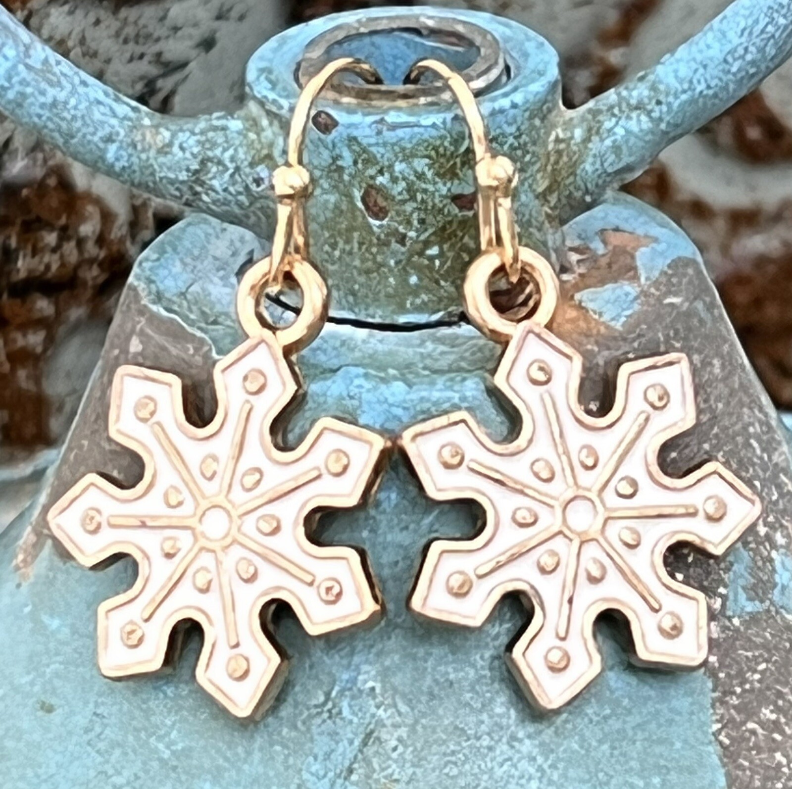 Beautiful Gold and White Snowflake Dangle Earrings.