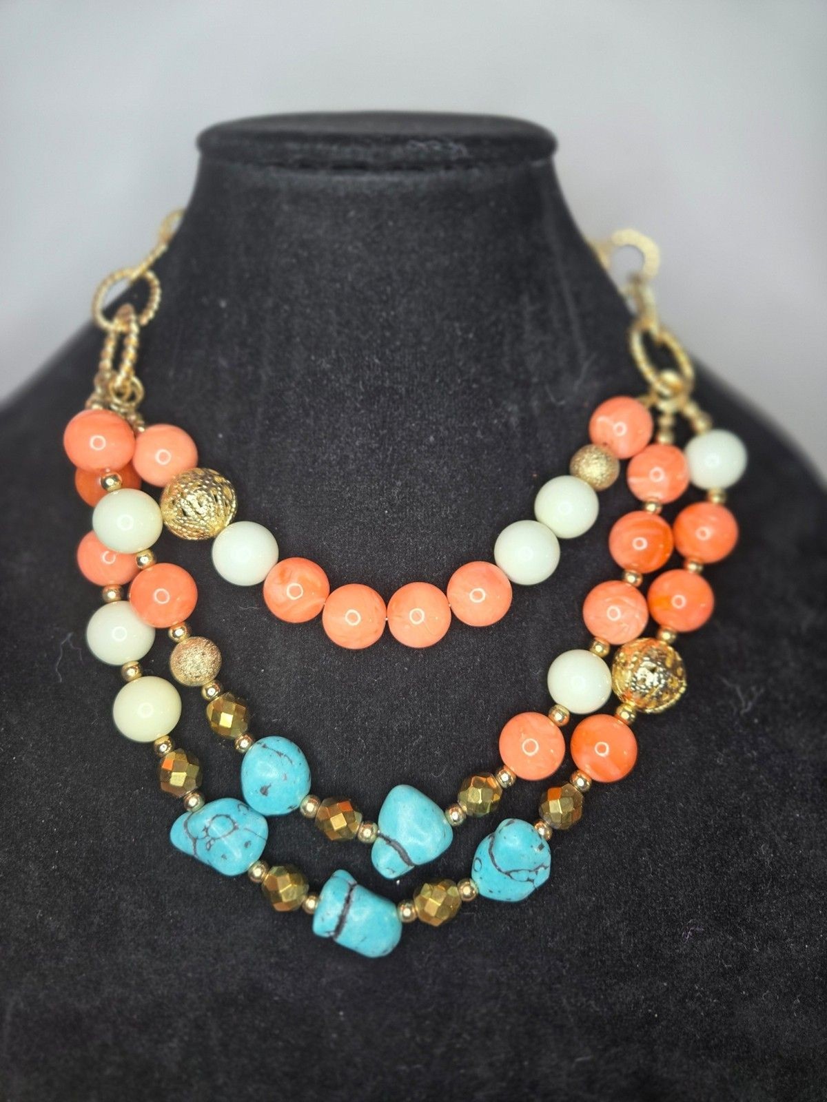 Gold Tone Layered Necklace with Pink White and Teal Beads Adjustable Length
