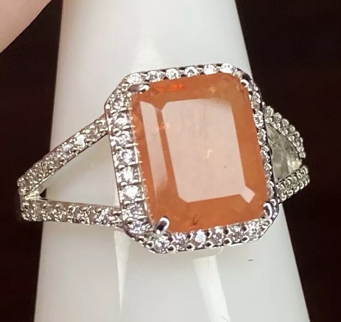 Bomb Party Ring-01- 2156- Genuine Quartz/Sunrise Orange- Size 7- Rhodium Plated