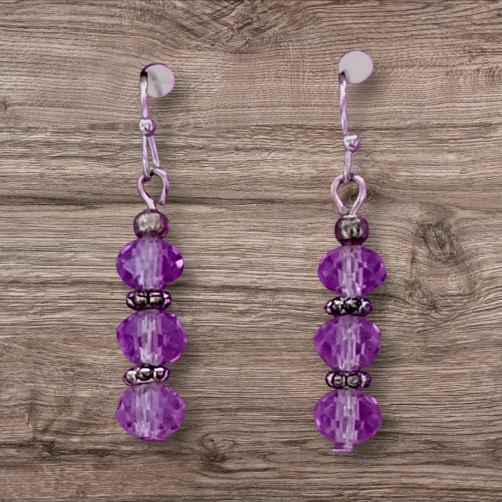 Handcrafted PURPLE BEAD Dangle Earrings SILVERTONE HYPOALLERGENIC LOOPS STOPPERS