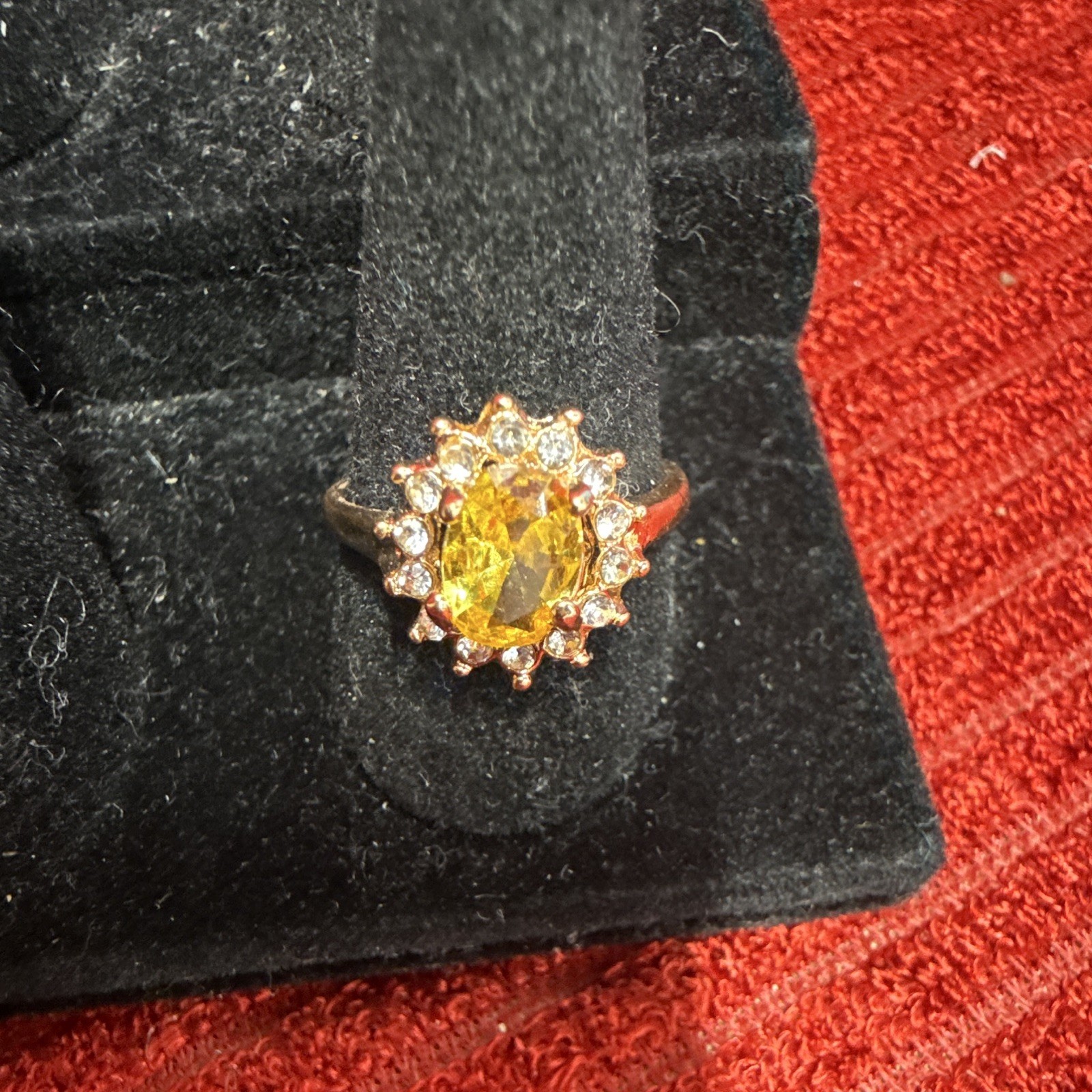 Oval Yellow Stone Halo Cocktail Ring Gold Tone Metal Gemstone Size 8