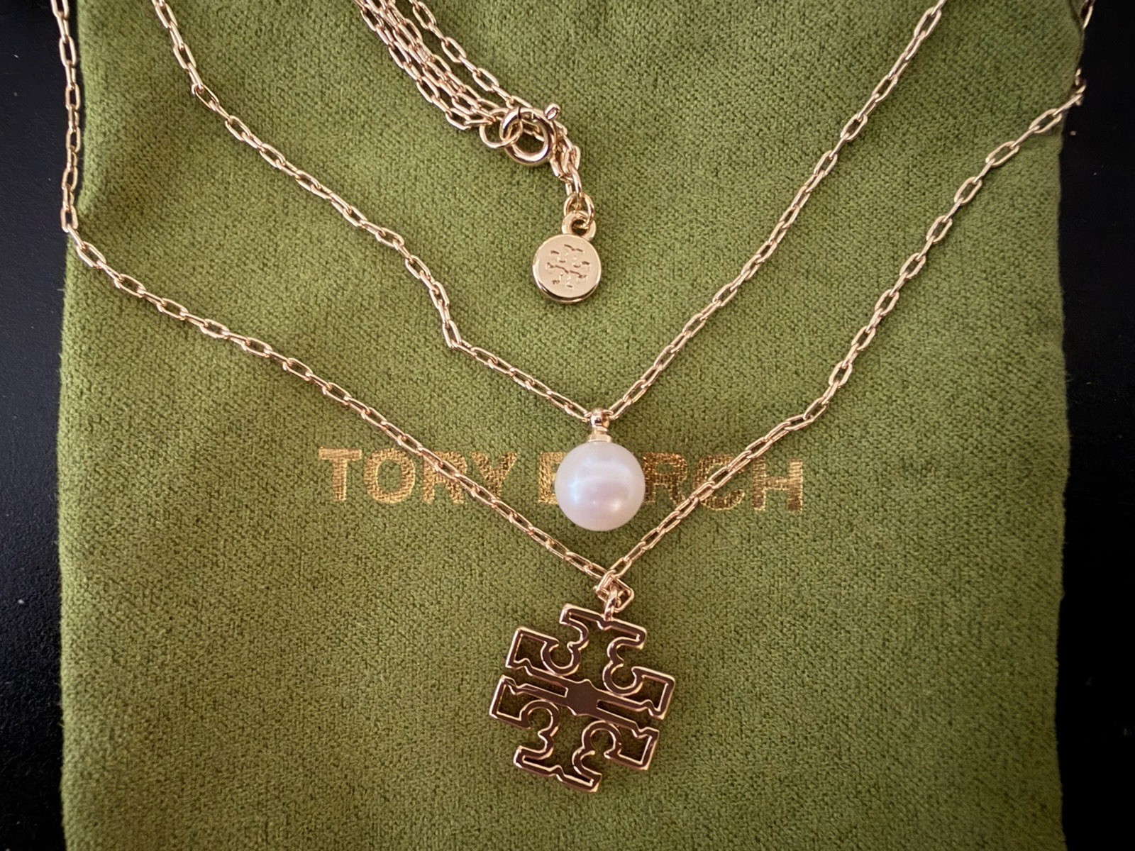 Tory Burch Gold Double Strand Logo And Faux Pearl Pendants Necklace