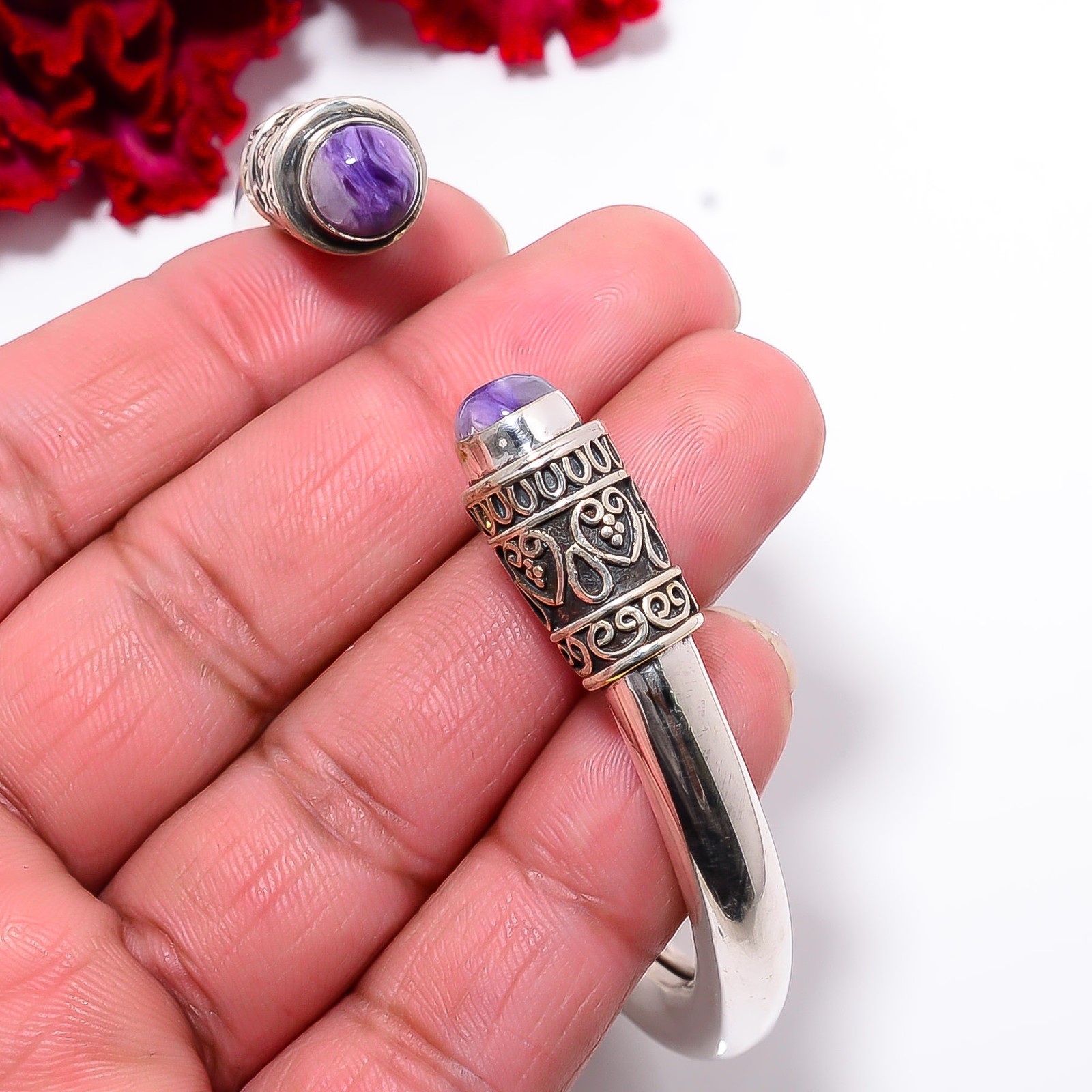 Purple Charoite – Siberia 925 Sterling Silver Bali Cuff|C1000394153