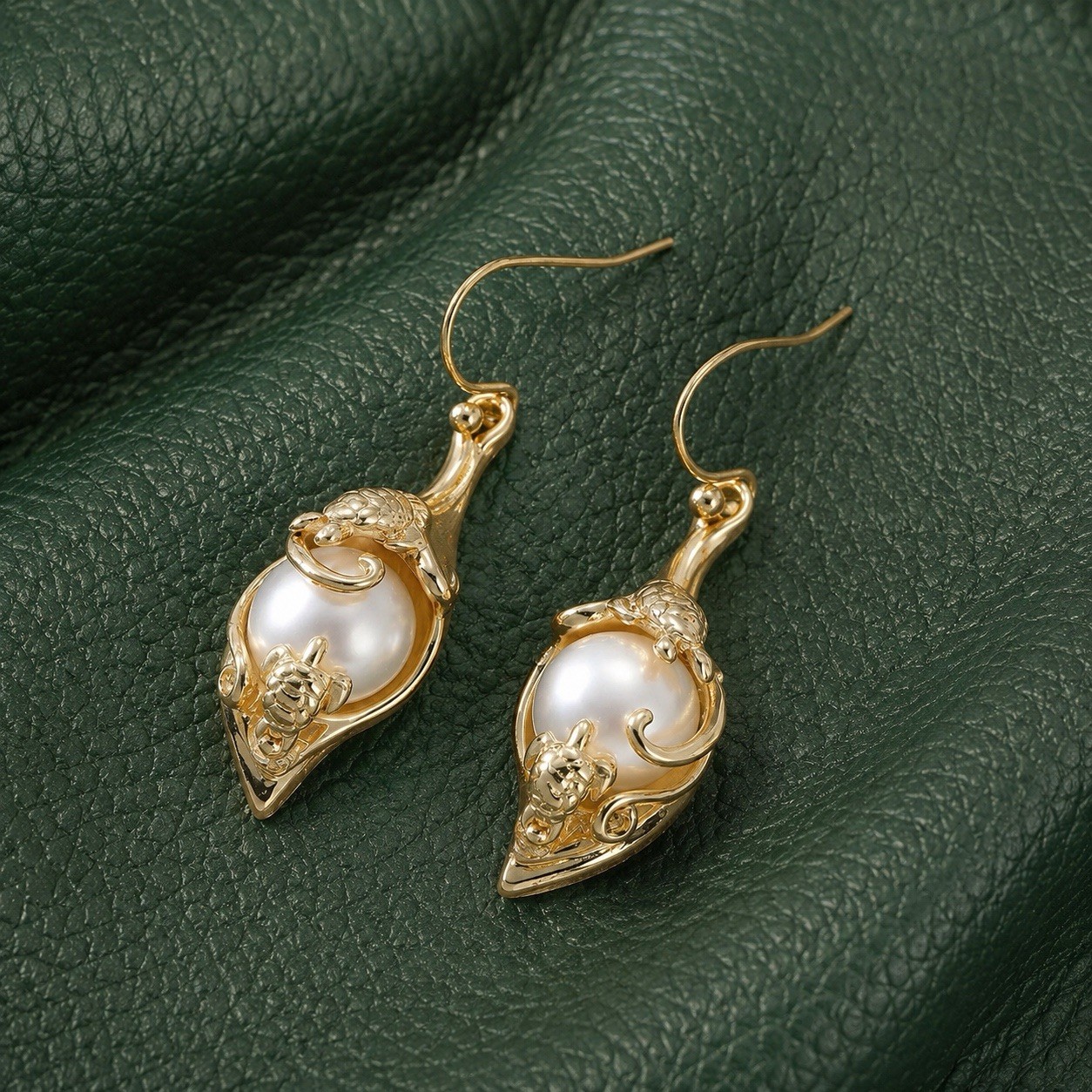 Turtle Pearl Gold Earrings Sea Shell Beach Coastal Boho Ocean Nautical Animal CZ