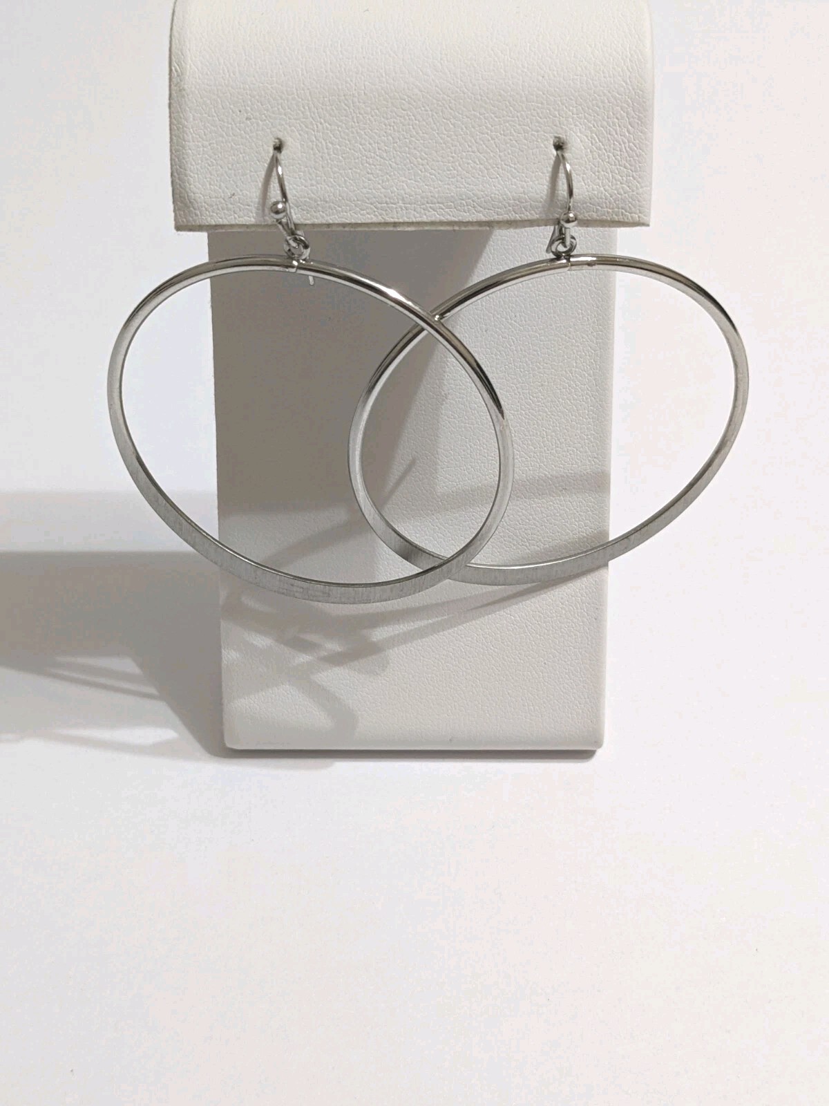 Silver Tone Hoop Hook Dangle Flat Edge Earrings. Modern. 2 1/4″.