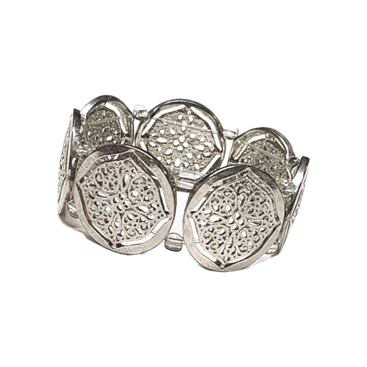 Silver Tone Filigree Round Coin Medallion Stretch Cuff Bangle Bracelet 7″ Boho