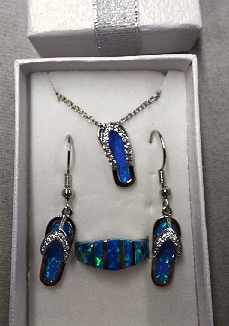 Opal Sterling Silver Flip Flop Earring 36mm, Ring sz 8, Necklace 18″ Set