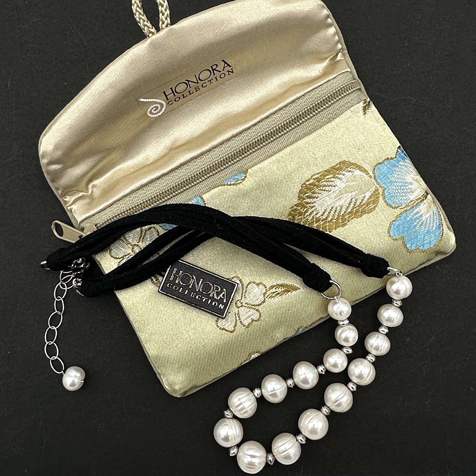 HONORA necklace – NEW white circle pearls & black faux suede 18-20″ sterling 925