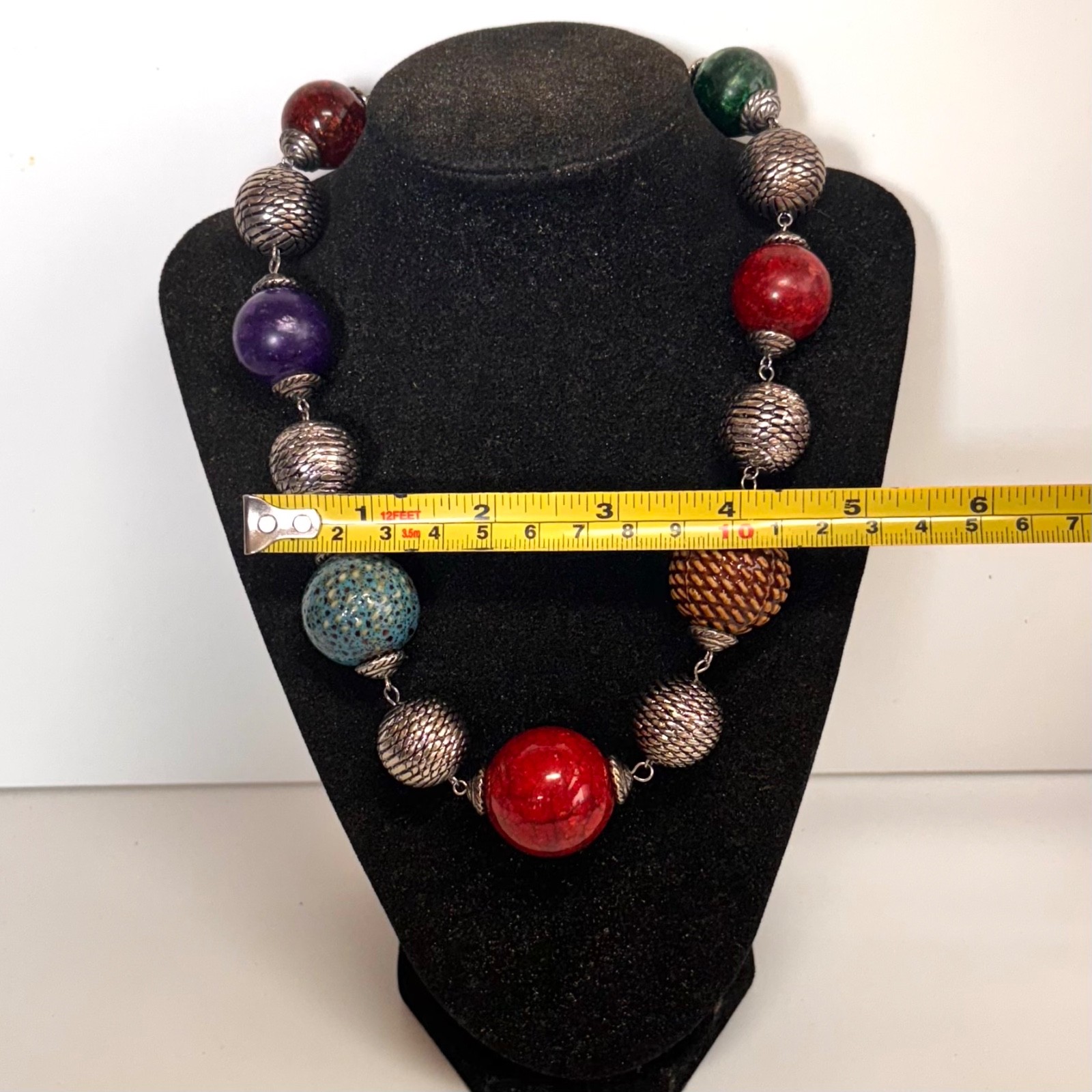 NECKLACE multicolor acrylic ceramic bead silvertone metal yarn ball beads chunky