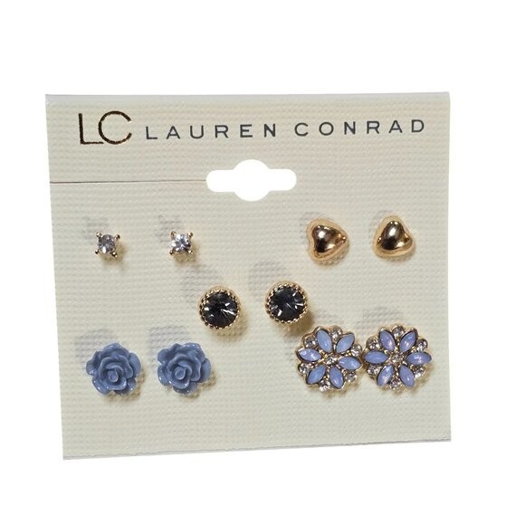 LC Lauren Conrad Women’s Trendy Gold Plated Blue Multi Stud Earrings Gift Set