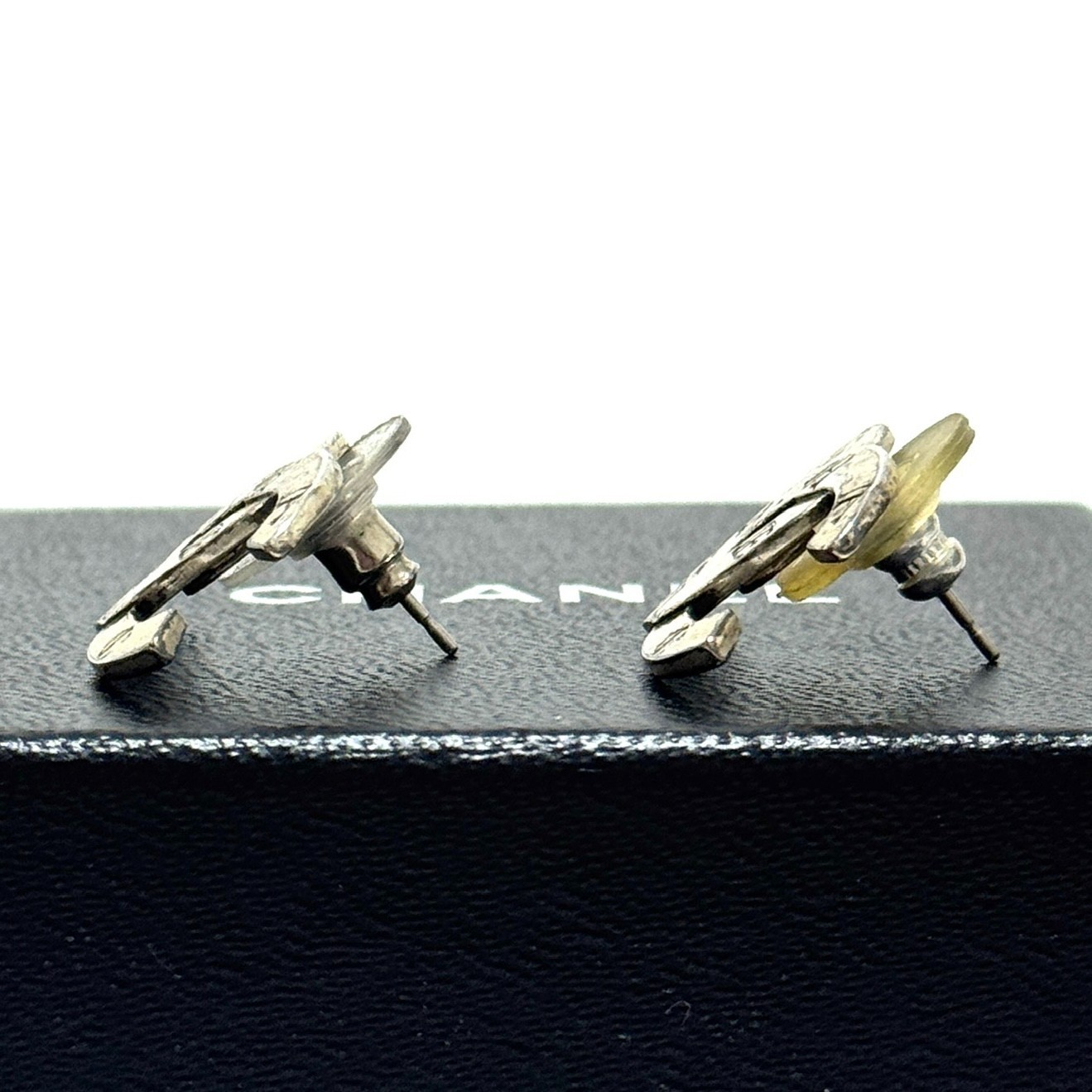 CHANEL 99A Coco CC Logo Cambon Pierced Earrings Silver Vintage Authentic JAPAN