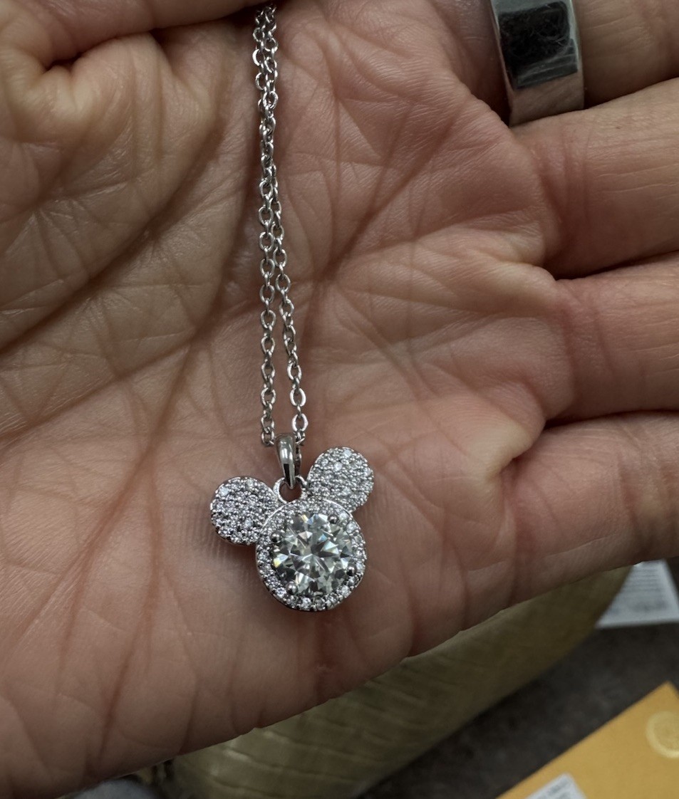 Real Moissanite Mickey Mouse necklace, white gold plated