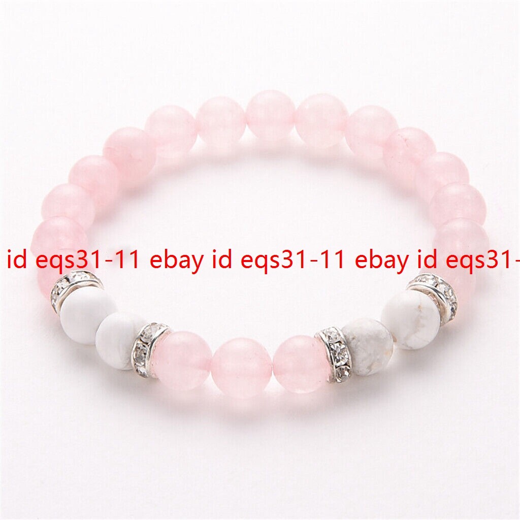 8mm Pink Rose Quartz White Turquoise Round Gems Beads Elastic Bracelet 7.5”