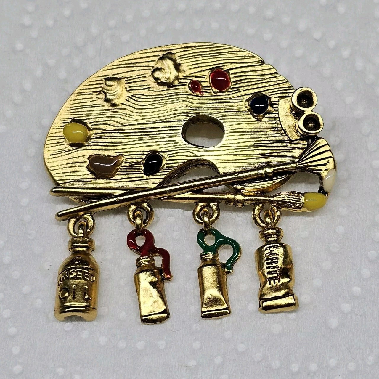 Danecraft Goldtone Dangle Artist Paint Palette Shape Pin Brooch Vintage