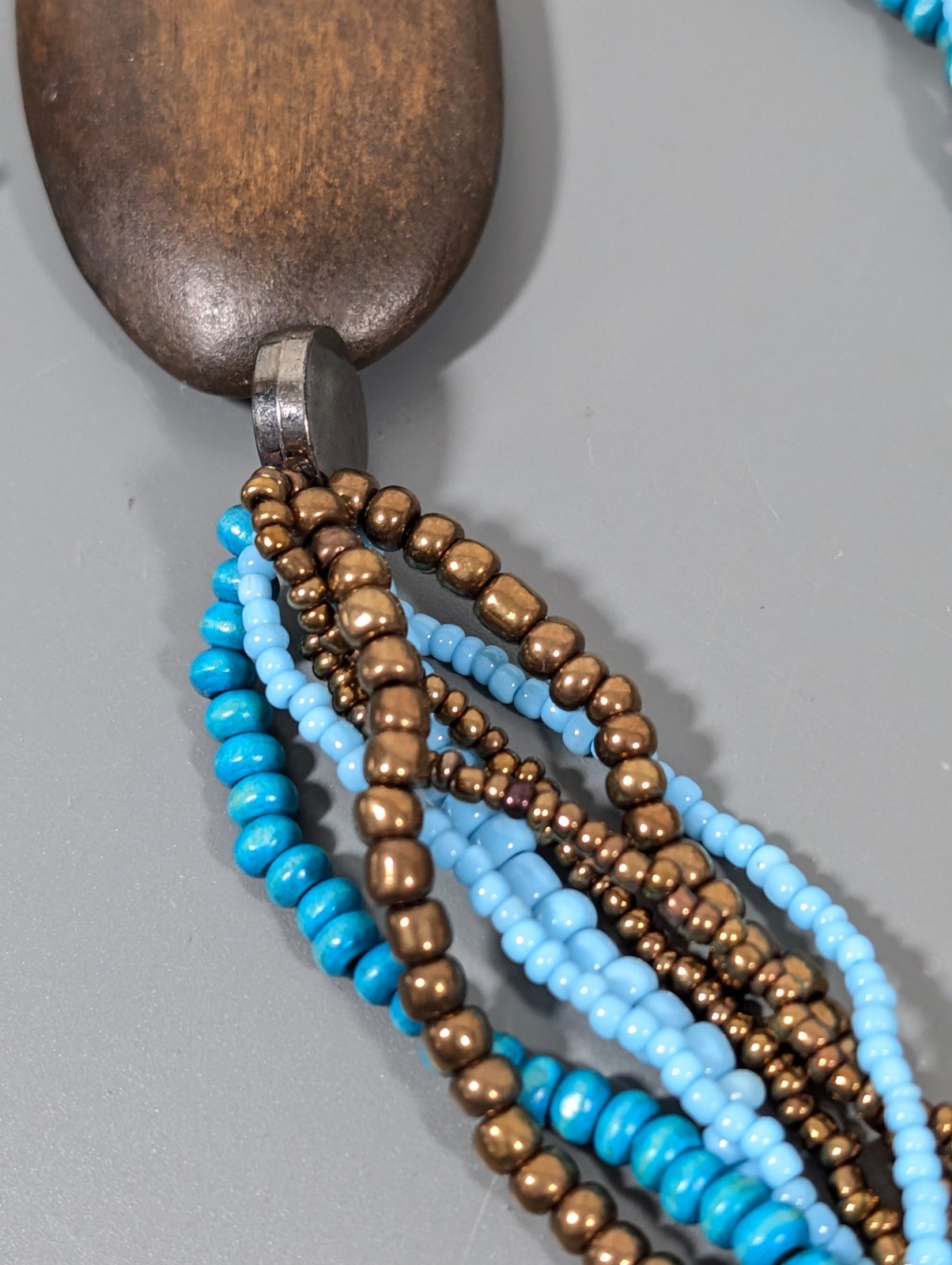 Beachy Boho Tribal Blue Bronze tone Multi Strand Bead Long Necklace 36 in