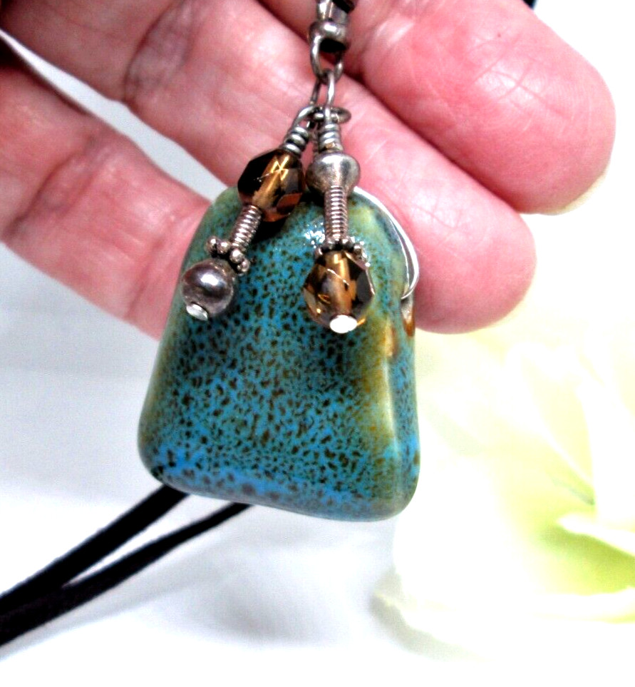 Boho Unisex Necklace Bolo Pendant Glazed Ceramic Leather Cord with Dangle Beads