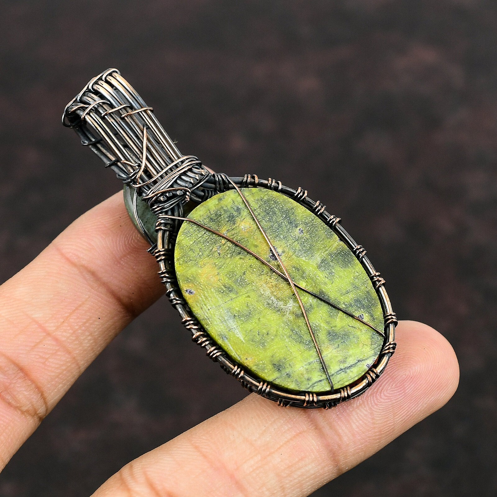 Stichtite Gemstone Wire Wrapped Pendant Copper Handmade Jewelry For Women 2.64″
