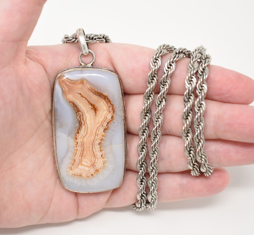 30″ Silver-T Beige & White Agate Pendant Rope Chain Choker Necklace Wrappable
