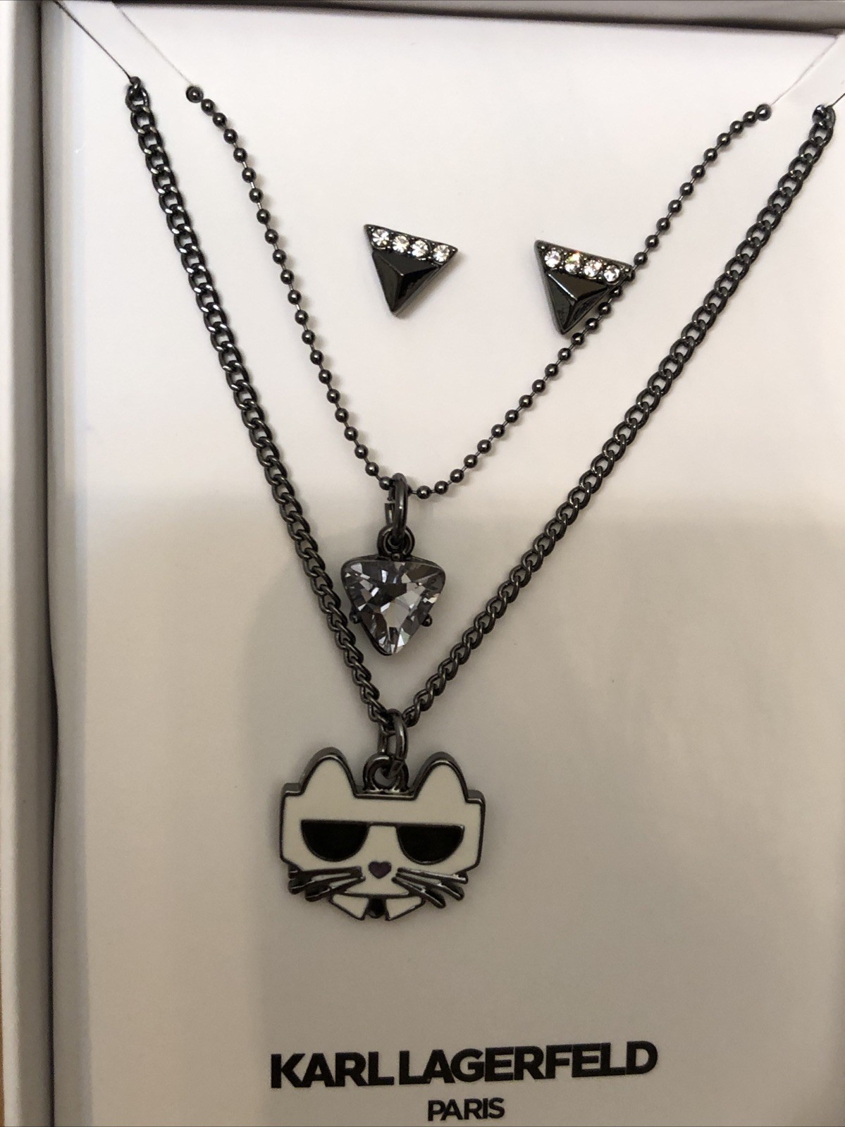 Karl Lagerfeld Paris Choupette Layered Pendant Necklace & Stud Earring Set NIB