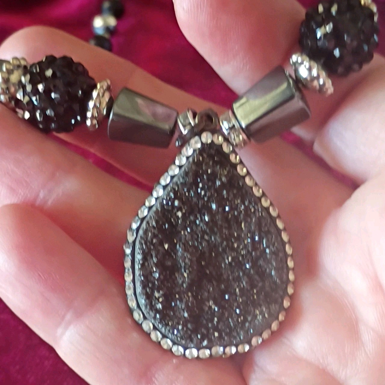 DrusyvBlack Crystal Teardrop Hematite Necklace & Dangle Earrings Bracelet Set