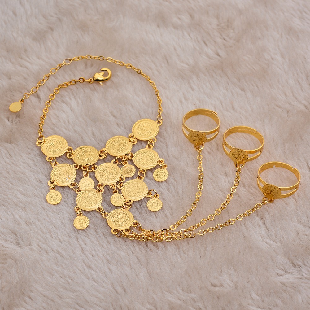 Gold Tone Middle Eastern Coin Charm Bracelet Arab Style Bangle for Women Gift