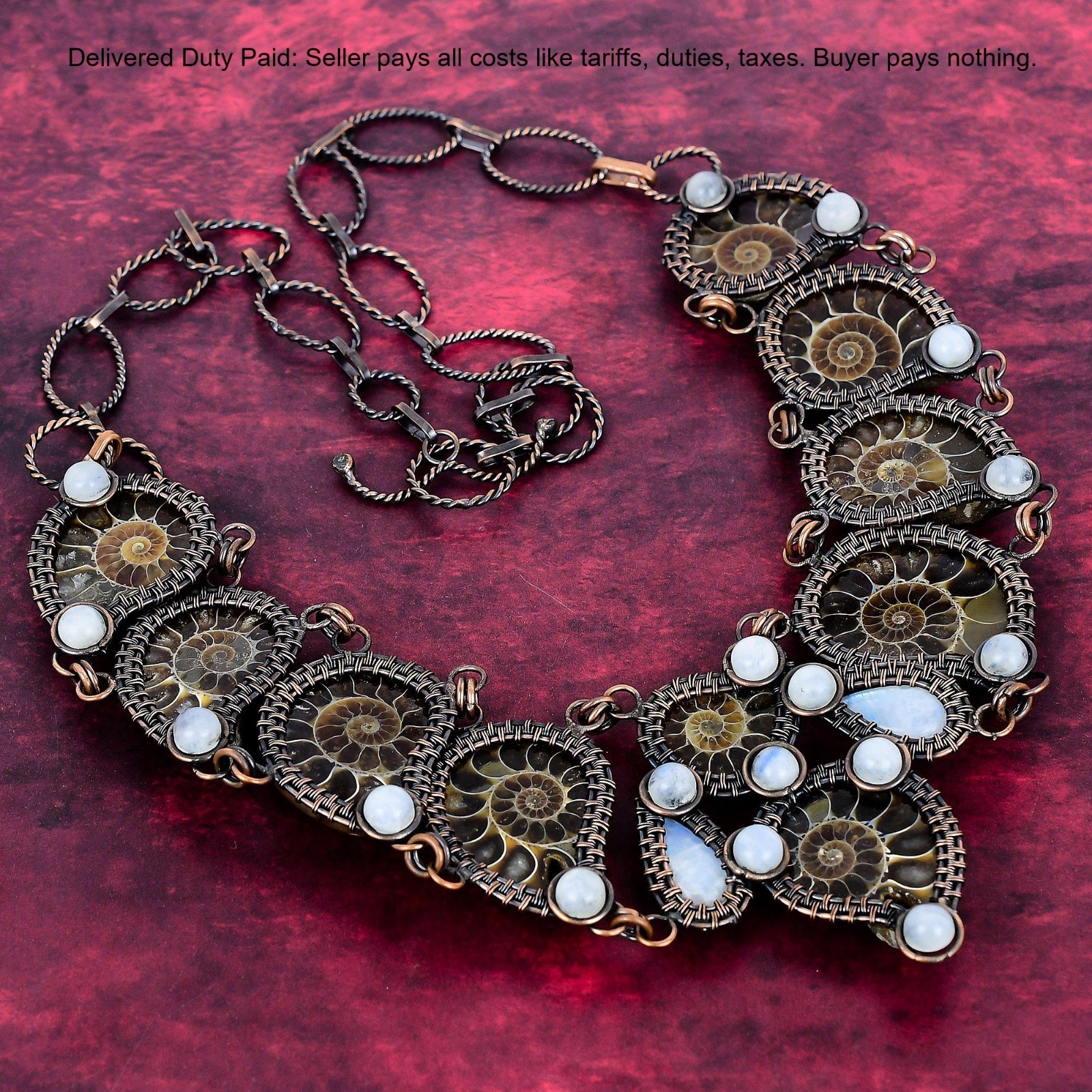 Ammonite Fossil Gemstone Rainbow Moonstone Copper Wire Wrapped Chain Necklace