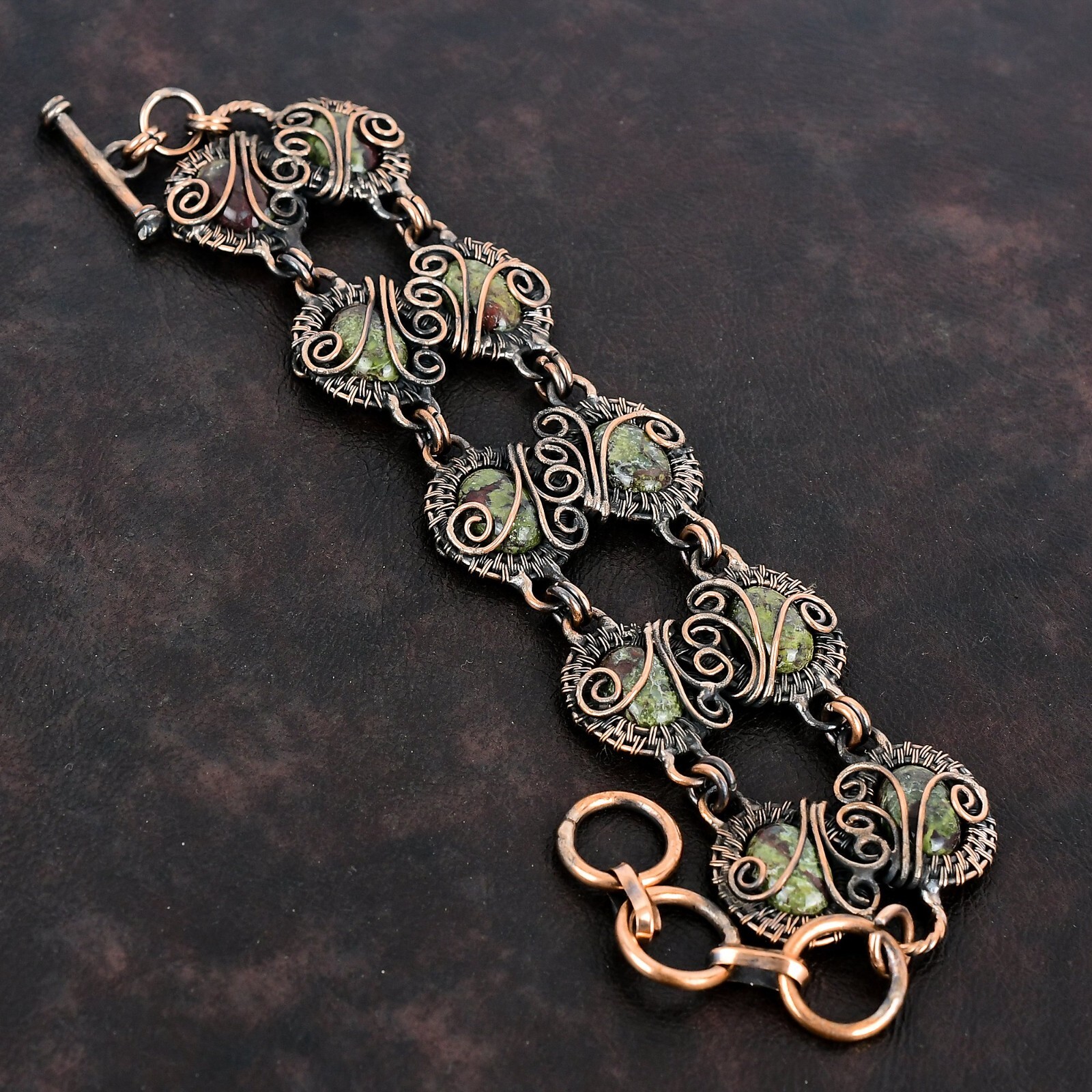 Copper Dragon Bloodstone Stone Wire Wrapped Ethnic Elegant Trendy Boho Bracelet