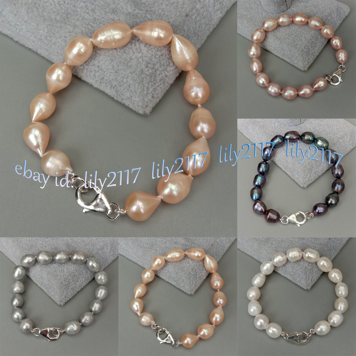 Natural White Black Gray Pink Purple Rice Cultured Pearl Bracelet Silver Clasp