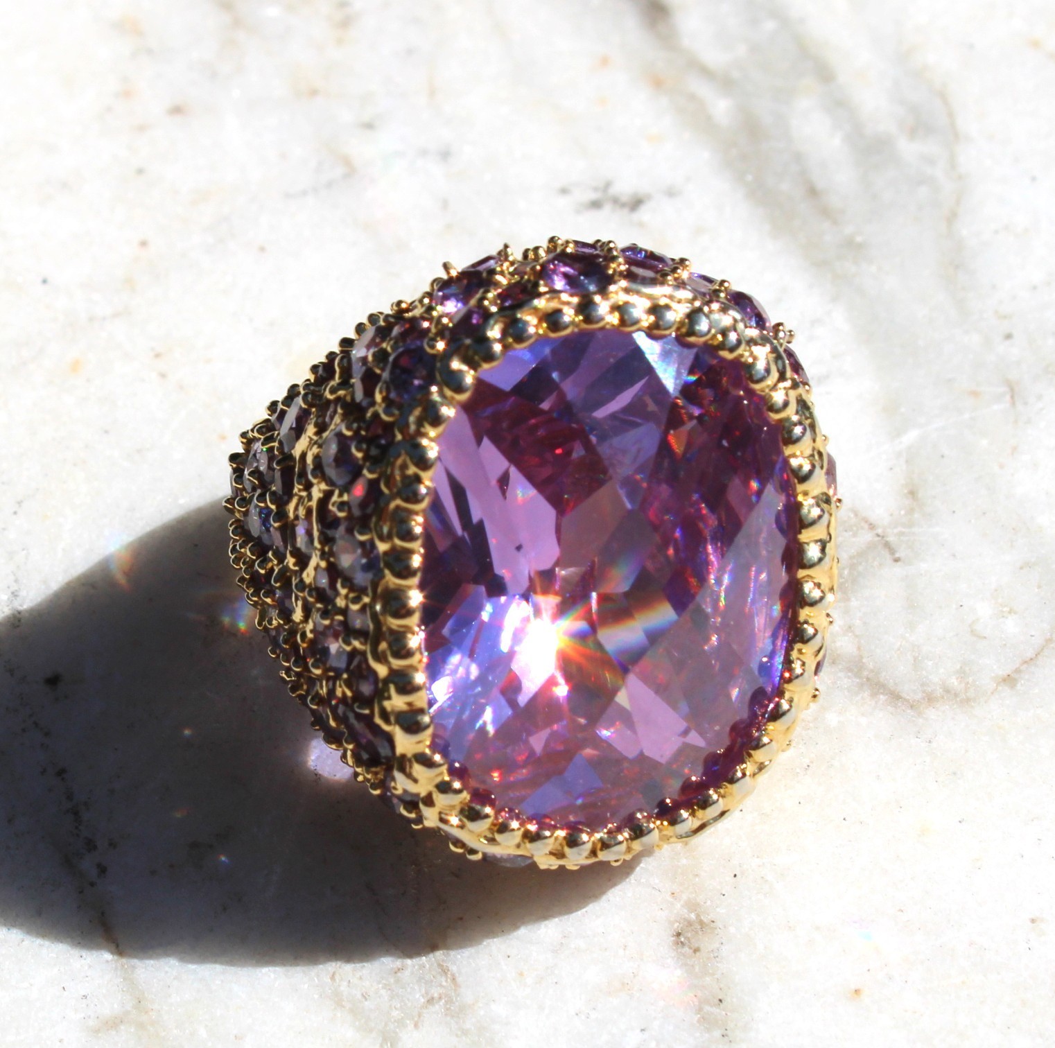 HSN IMAN Global Chic Brilliant Pink & Multi Purple Stones Knock Out Ring Size 7