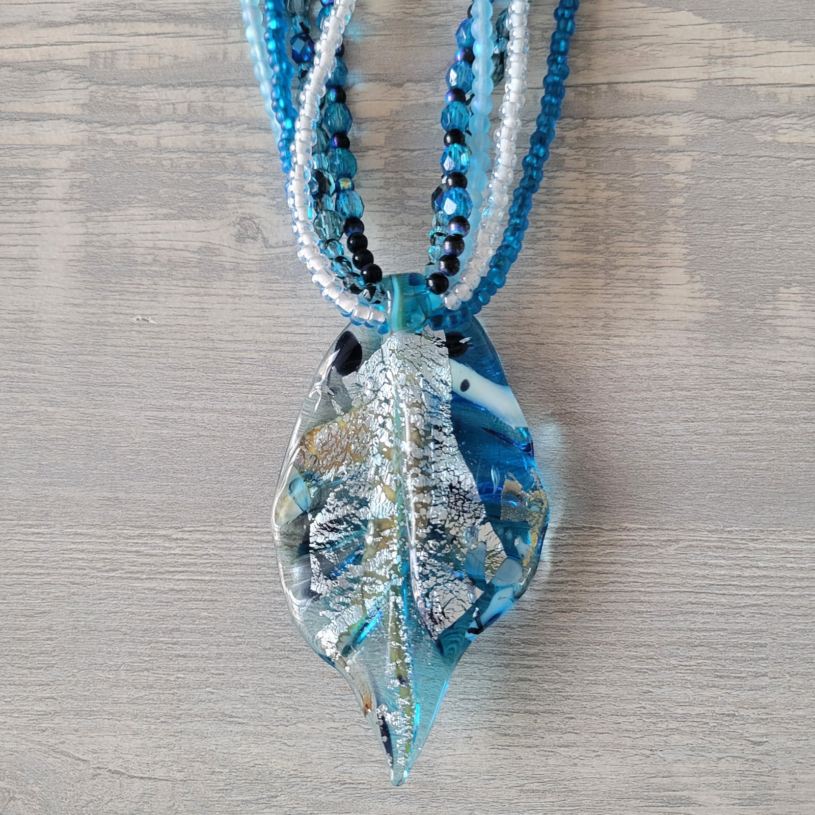 Murano Italian Glass Large Pendant Bead Necklace 925 Clasp Blues * BEAUTIFUL *