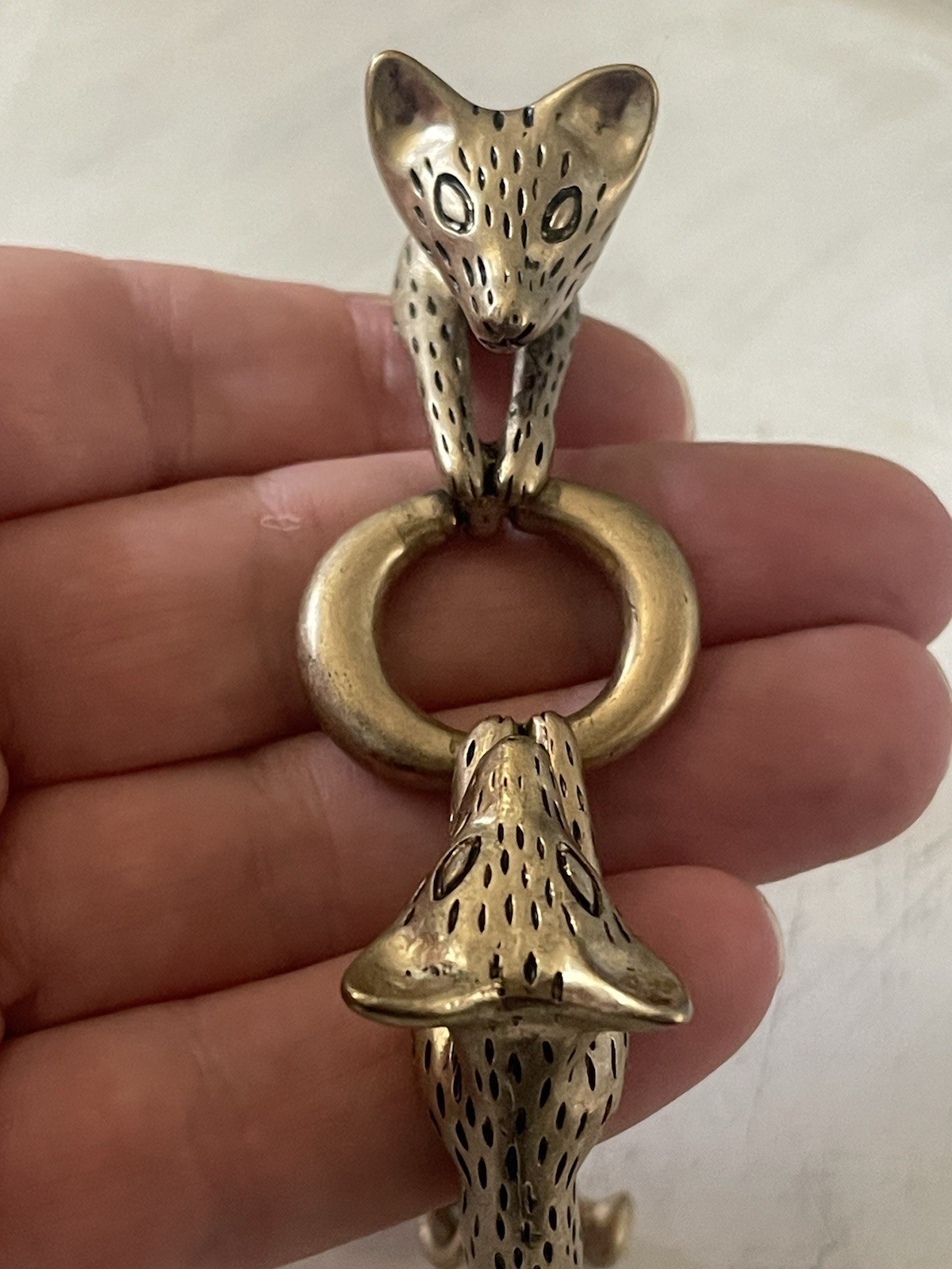 Vintage Gold Bronze Brass Metal Double Fox Head Cuff Bracelet Heavy Unique