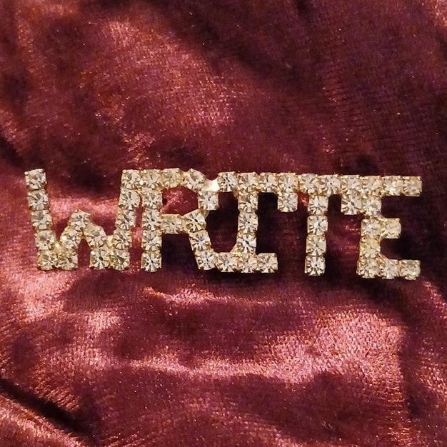 Silver Tone “WRITE” Letter Brooch Pin Clear Round Prong Set Rhinestone Metal
