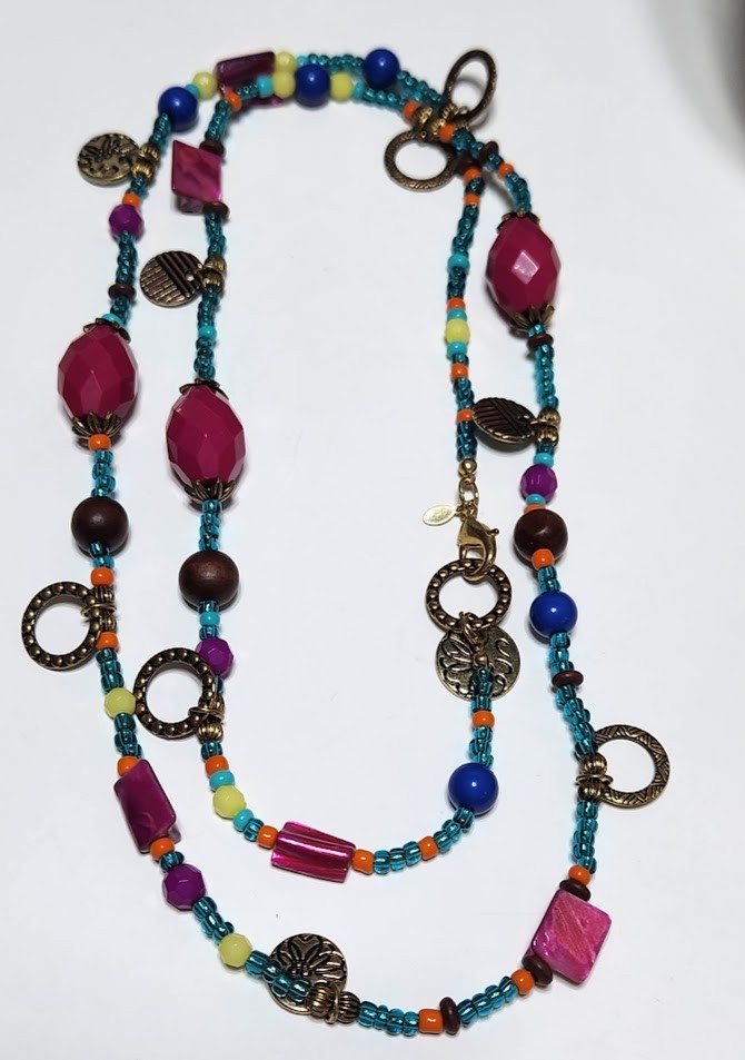 Premier Designs TROPICAL PUNCH Pink Blue Green Beaded Double Strand Necklace 962