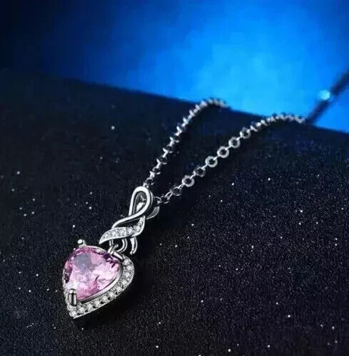 2 CT Heart Cut Simulated Pink Sapphire Pendant Necklace 14k White Gold Plated