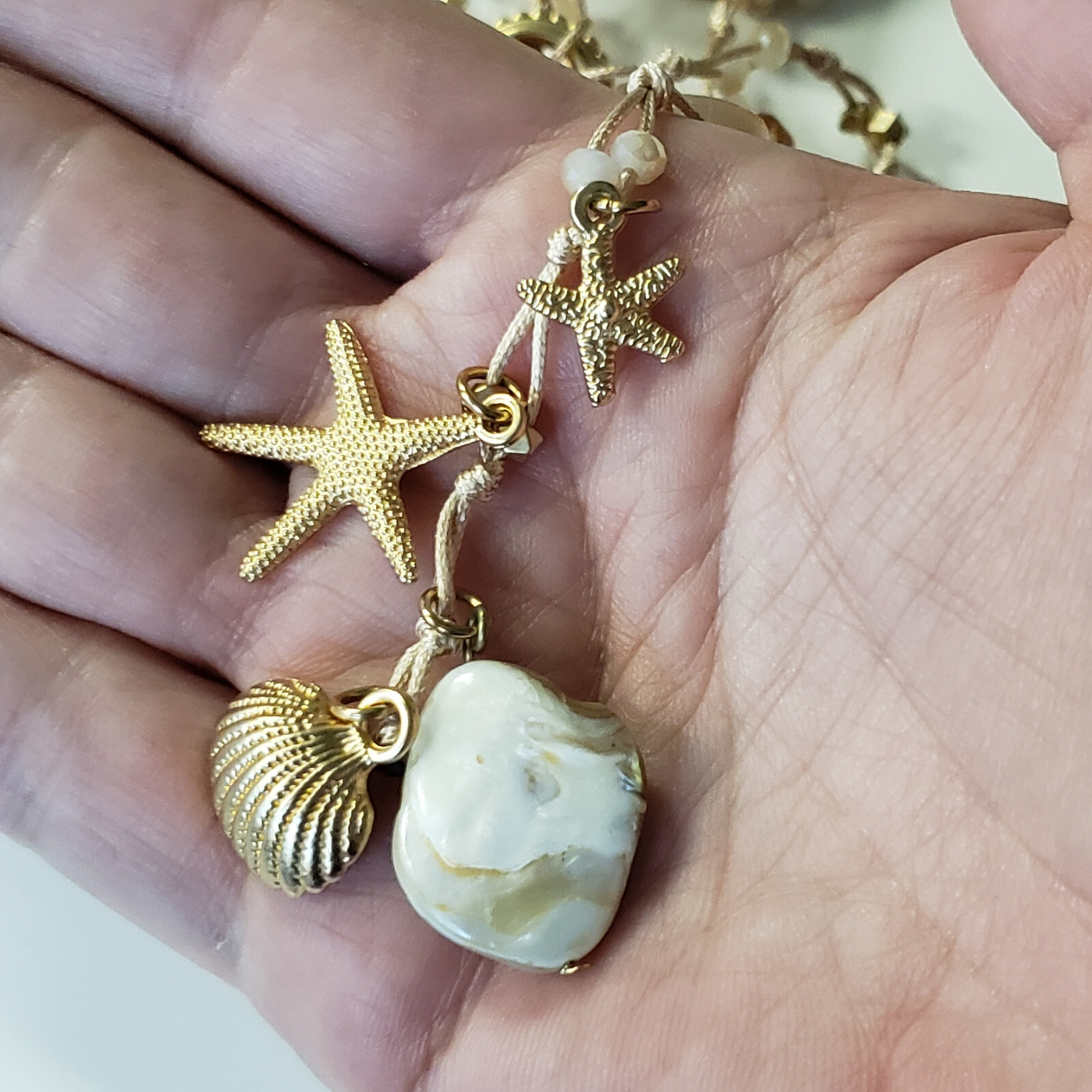 Sea Life Starfish Glass Shell Coral Beach Woven Rope Y Lariat Long Necklace NWT