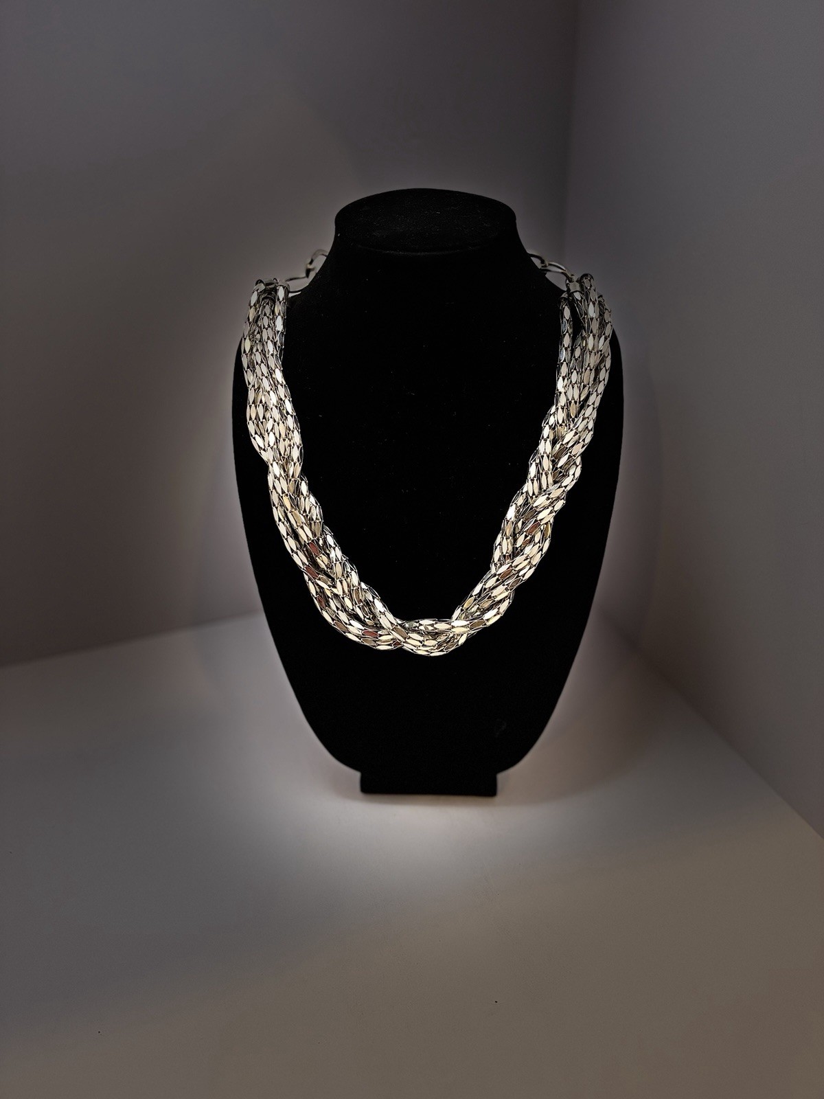 Vintage Multi Strand Braided Panther Mesh Statement Necklace Silvertone 24″