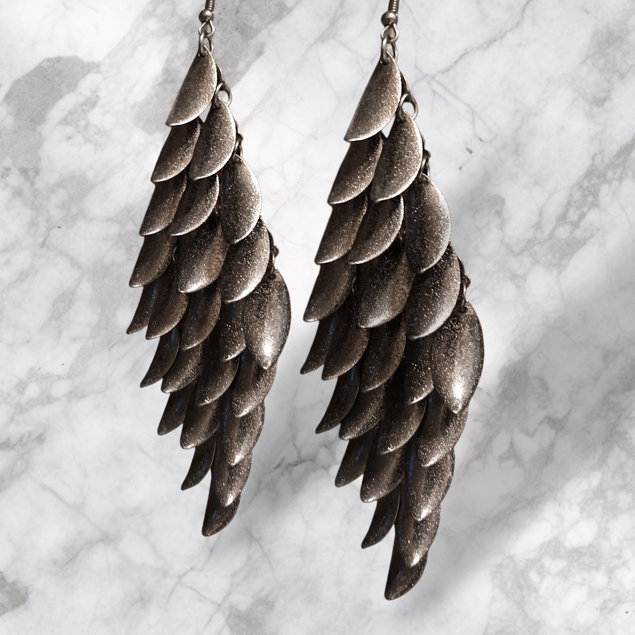 Shimmery Gun Metal Grey Layered Dangling Leaf Chandelier Statement Earrings