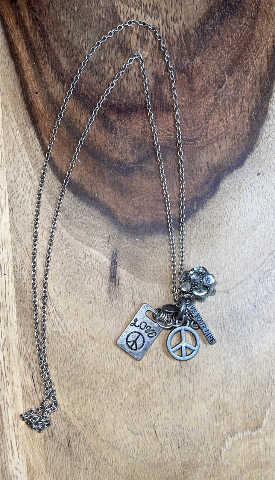 Pendant Necklace Boho Peace, Love Life, Love & Crystal Charms Silver Tone Aeo