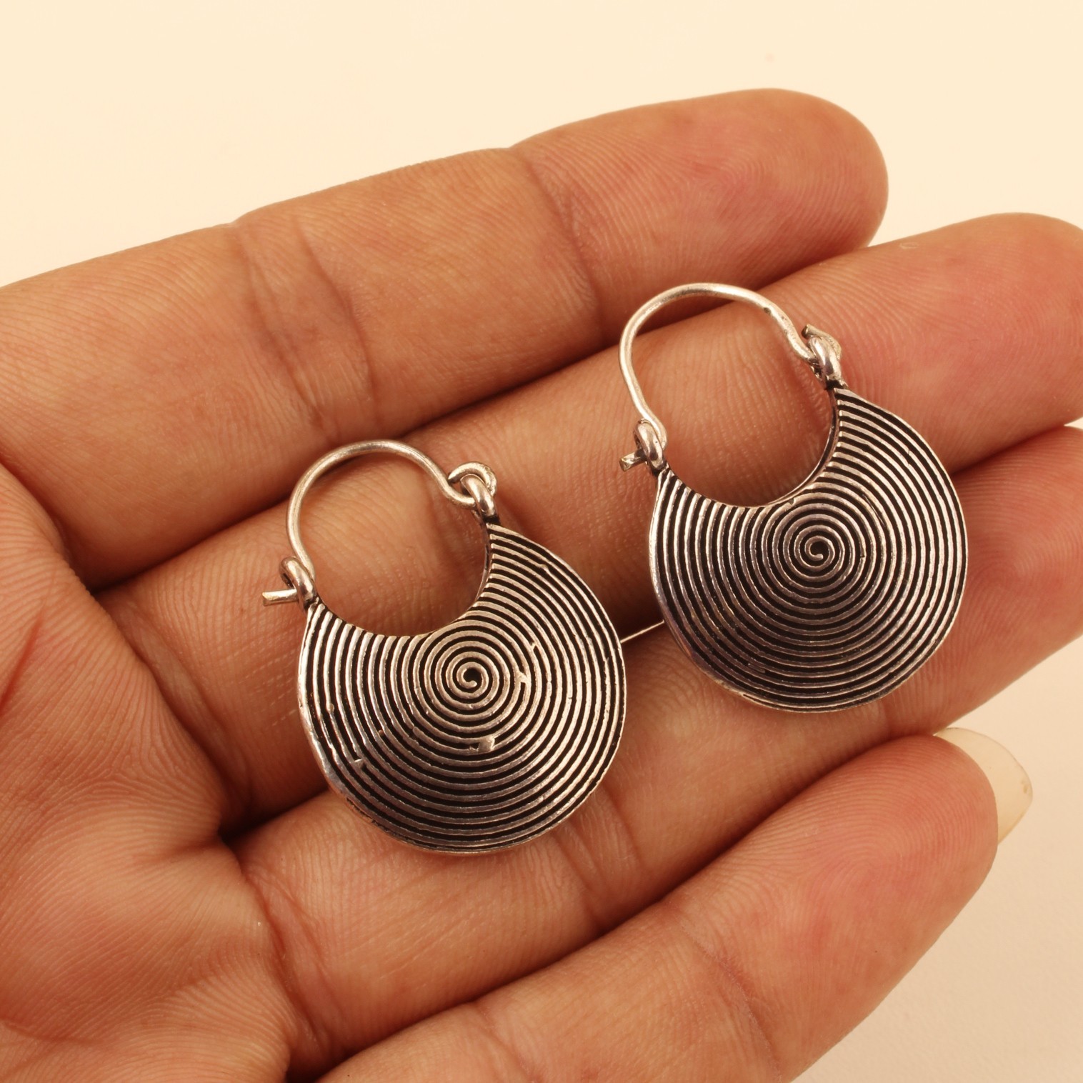 Silver Plated Spiral Disc Hoop Earrings for Women, Handmade Boho Round Earring