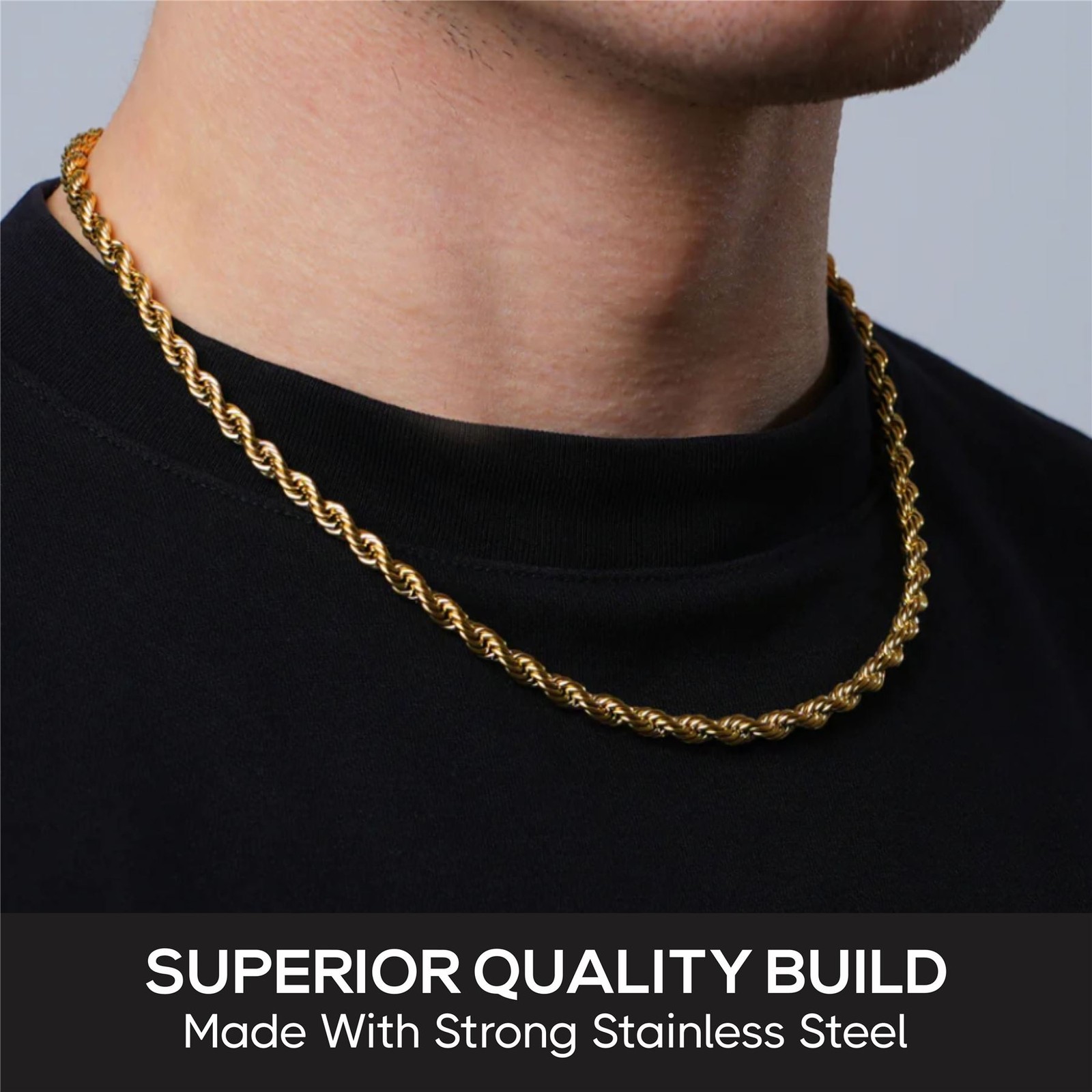 *UK* Men’s Black 316L Stainless Steel 3mm / 22 Inch Knot Twist Rope Necklace