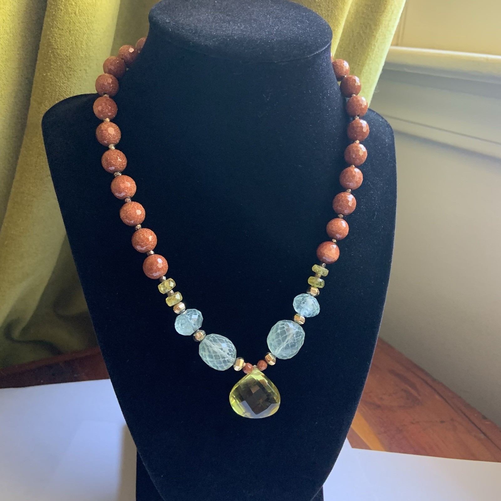 Goldstone and Semi Precious Stones Beaded Necklace Handmade 17.5 in long