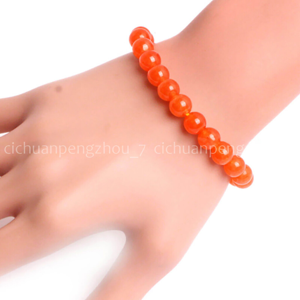 6/8/10/12mm Natural Orange Jade Round Gemstone Beads Elastic Bracelet 7.5”